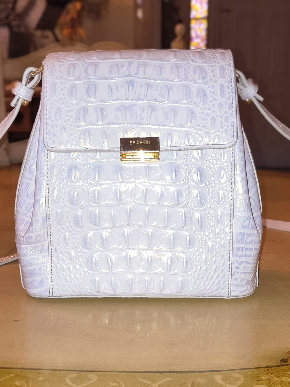 Margo Brahmin Iridescent White Croc-Embossed Leather Handbag